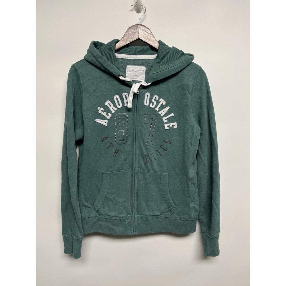 Y2K Style Aeropostale 87 Green Zip Up Hoodie Large Logo Sweatshirt Embroidered